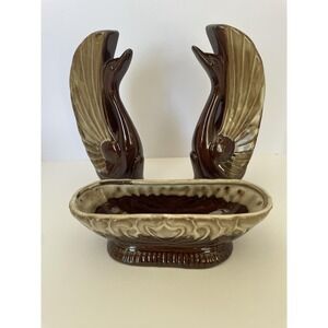 Vintage Swan Planter Set Rockingham Brown Drip Glaze Console Mid Century W Box